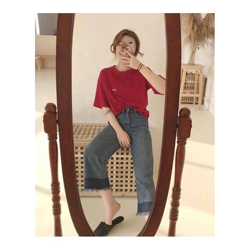 2018夏季新款韩版简约印花短袖套头T恤港味chic上衣女学生潮红色均码