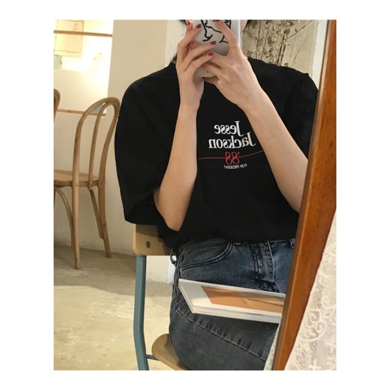 2018春夏韩版新款简约圆领T恤宽松印花短袖打底衫上衣女白色均码