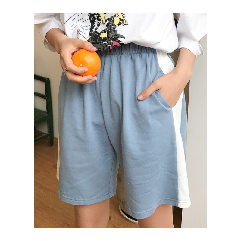 夏装chic韩版原宿风宽松条纹阔腿裤短裤学生跑步运动休闲裤女天蓝色均码