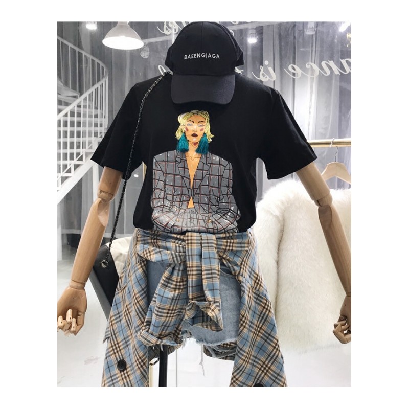 2018春夏季新款人像印花T恤上衣女韩版学生短袖修身圆领套头体恤白色均码