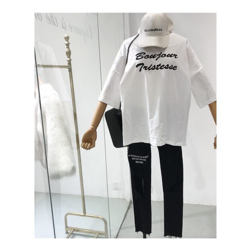 字母体恤上衣女2018春季新款短袖修身中长款圆领夏装韩版套头T恤白色均码