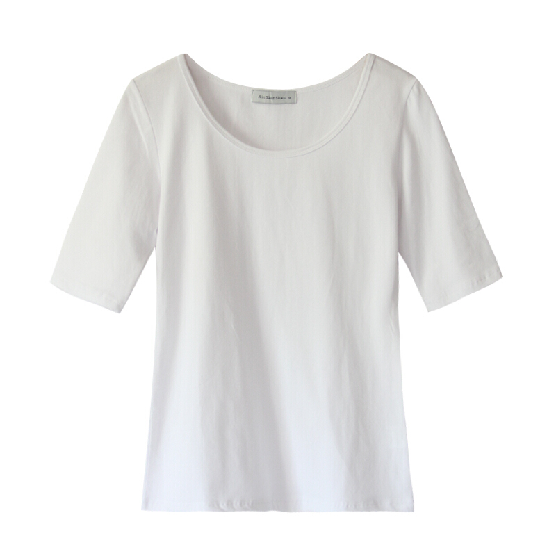 2018新款夏季白色T恤短袖女中袖修身棉质低领紧身上衣打底衫春装黑色[圆领]S90斤以下