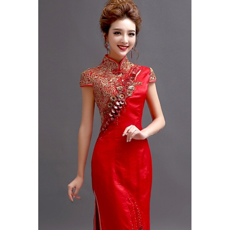 中式红色短袖新娘婚礼结婚敬酒服长款礼服旗袍演出服红色