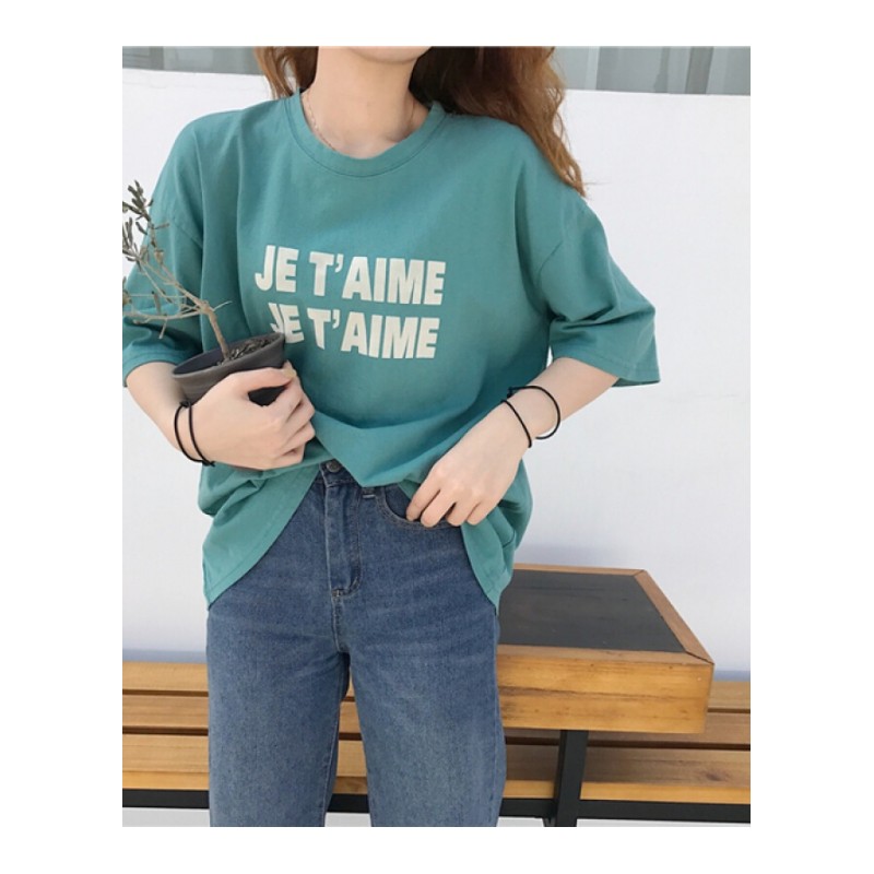 2018春夏韩版圆领字母印花短袖T恤复古宽松上衣学生女潮白色均码