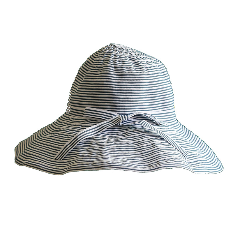 2018遮阳帽夏日女可折叠帽子出游度假条纹布帽宽沿太阳帽渔夫帽黑色M(56-58cm)