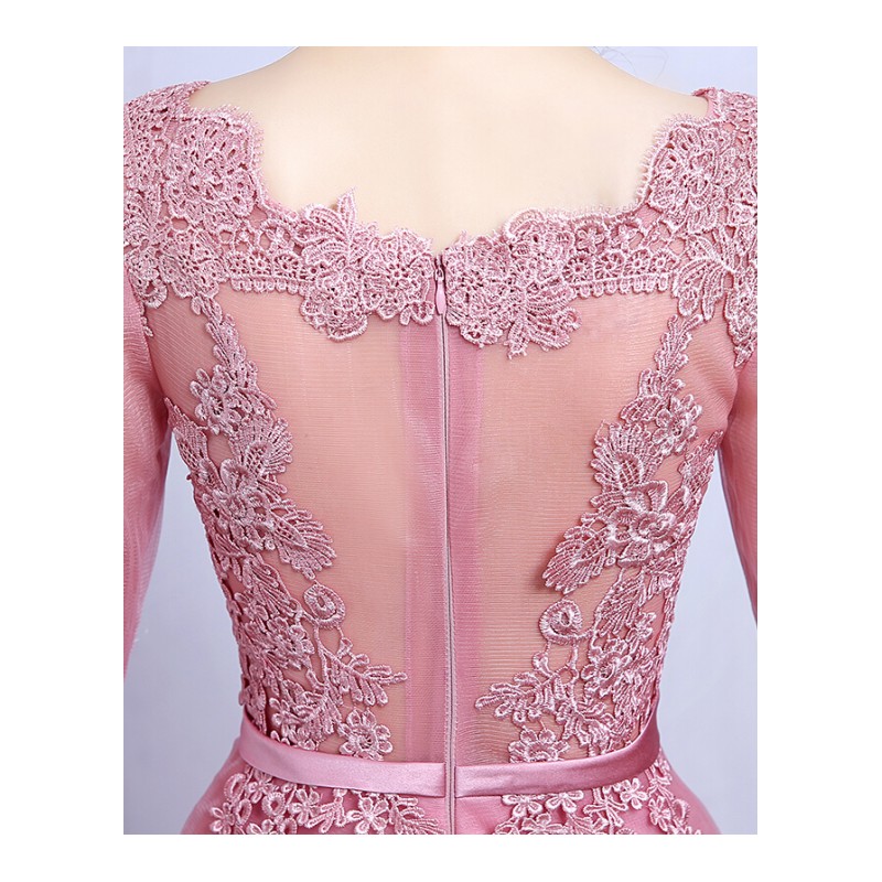 新款2018韩式长款中袖一字肩年会主持人女宴会晚礼服粉色合唱服