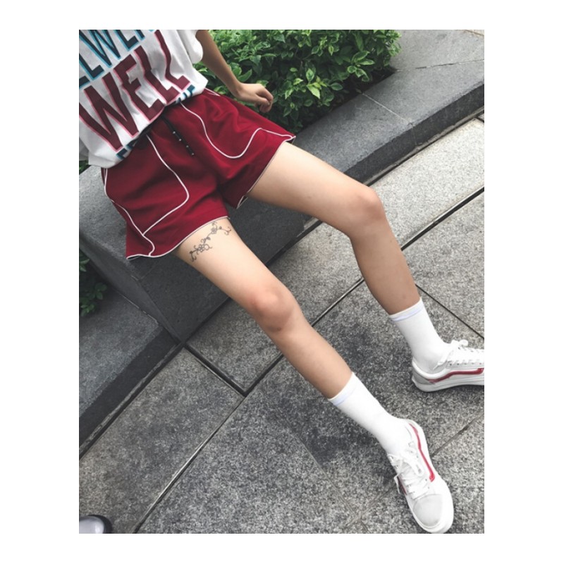 夏装女装新款韩版撞色阔腿裤运动裤短裤学生高腰松紧腰休闲裤红色均码