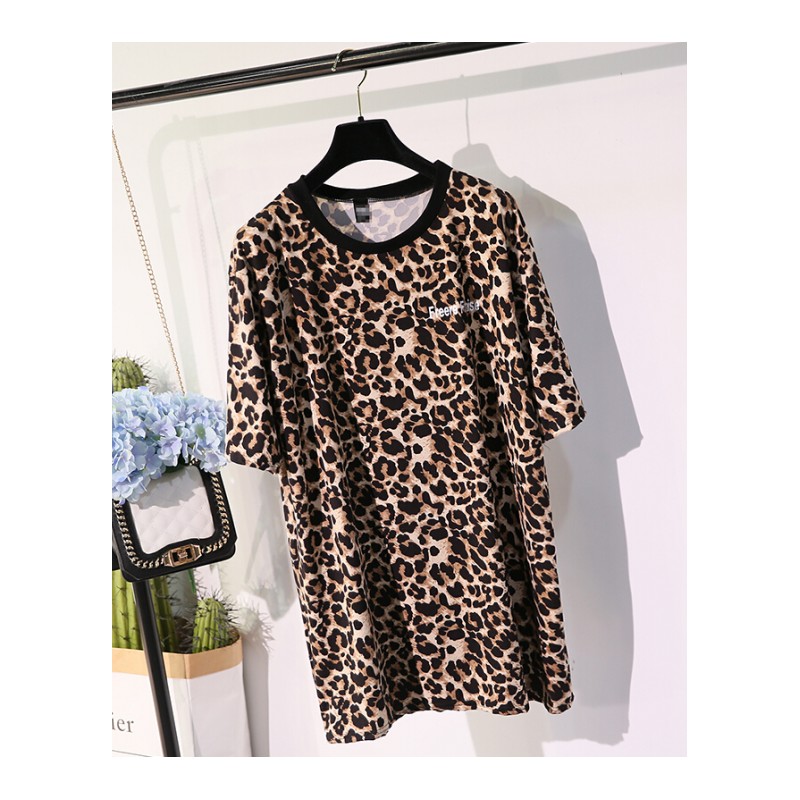 2018春夏新款韩版时尚字母印花圆领短袖中长款宽松豹纹T恤女潮 图片色 均码