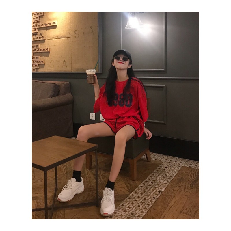 夏季套装女时尚两件套2018新款韩版宽松印花短袖+显瘦休闲短裤潮白色均码