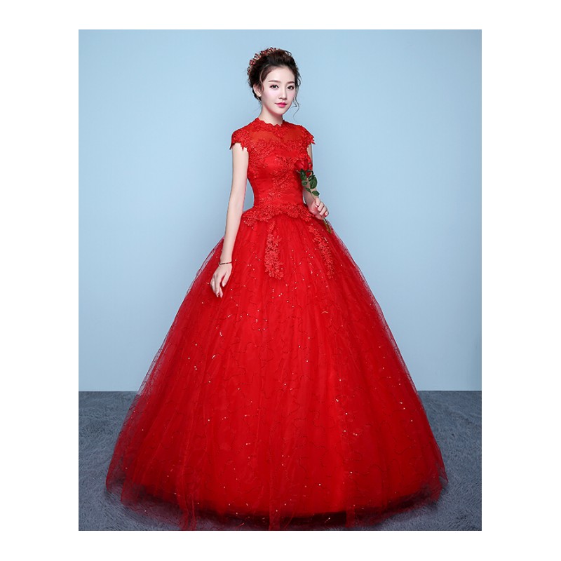 红色婚纱礼服2018新款新娘结婚韩版齐地一字肩婚纱绑带修身显瘦白白婚纱和3件套