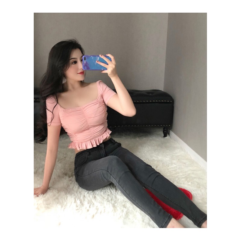 性感露脐褶皱上衣女短款早春夏季2018新款修身显瘦百搭u领短袖T恤