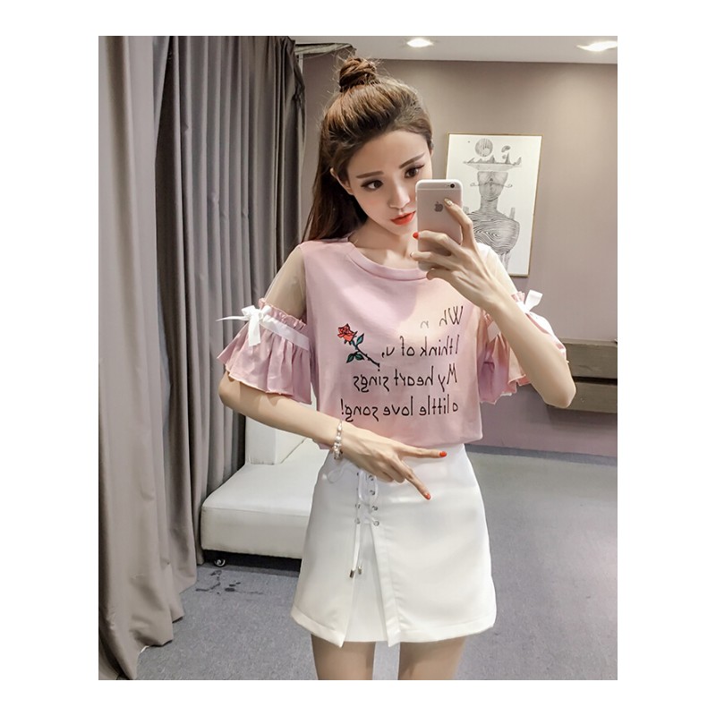 2018春夏新款韩版网纱袖系带字母印花圆领短袖T恤学生上衣小衫女