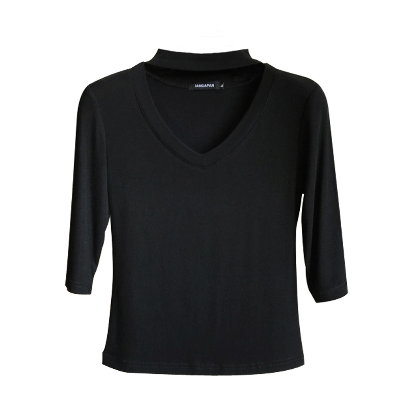 2018新款韩版T恤女夏五分袖修身小心机v领挂脖上衣打底衫黑色五分袖