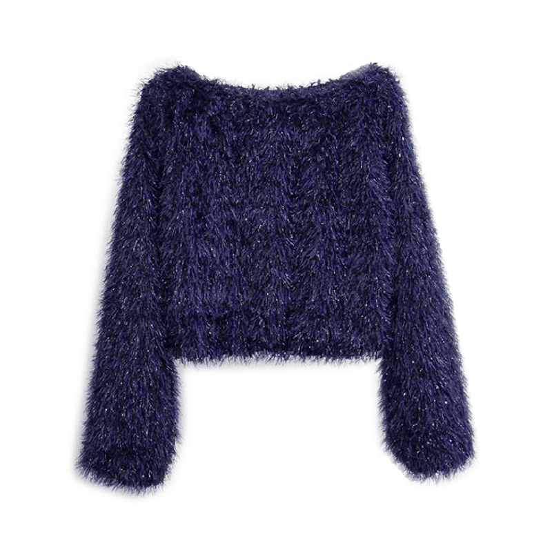 一字领露肩上衣女春秋2018新款韩版宽松毛绒套头短款露脐流苏毛衣粉红色均码