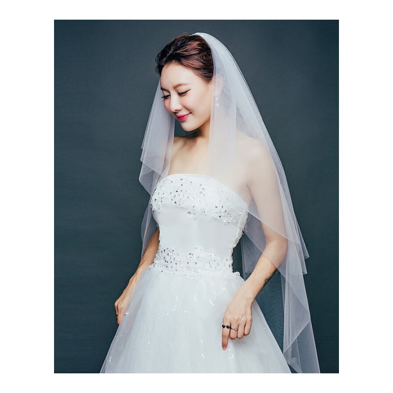 新娘头纱裸纱双层头纱可遮面带梳软纱新款韩式婚纱饰品礼服配件 乳白色 100cm-135cm