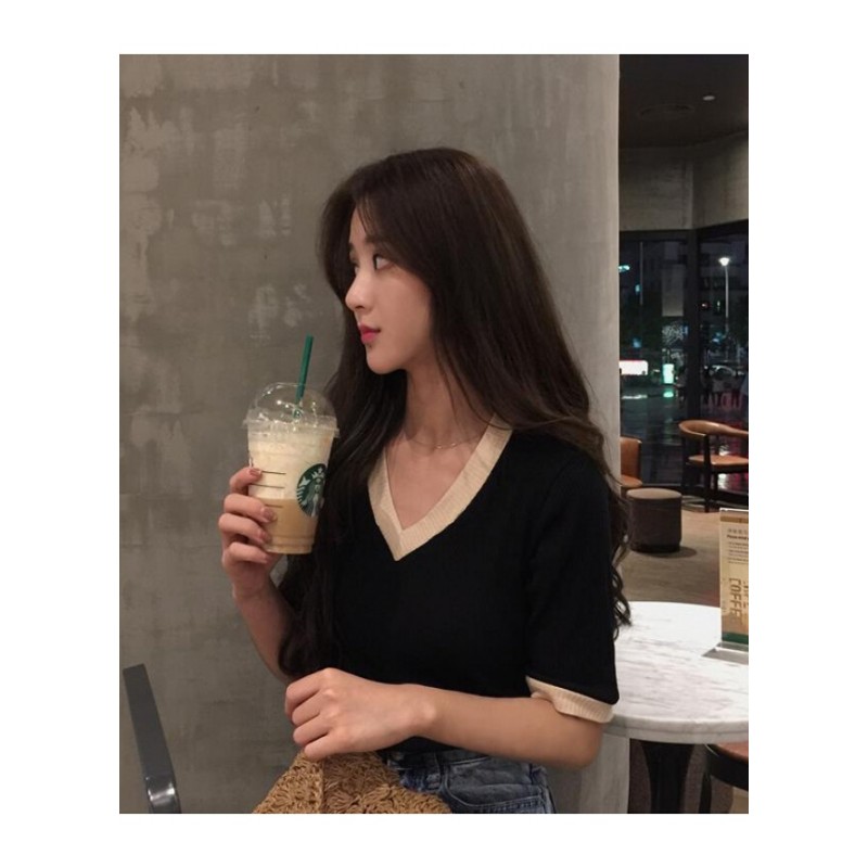 春夏2018新款V领针织短袖T恤韩版修身chic上衣学生女米白色均码