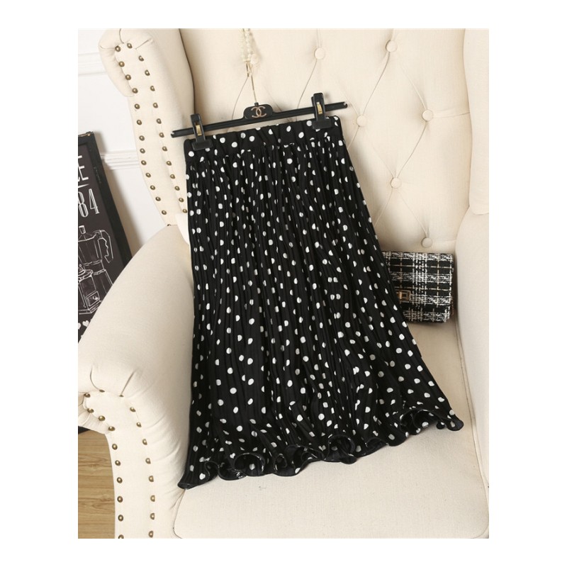 2018春夏新款韩版松紧腰显瘦波点半身裙女学院风百搭高腰中长裙黑色均码