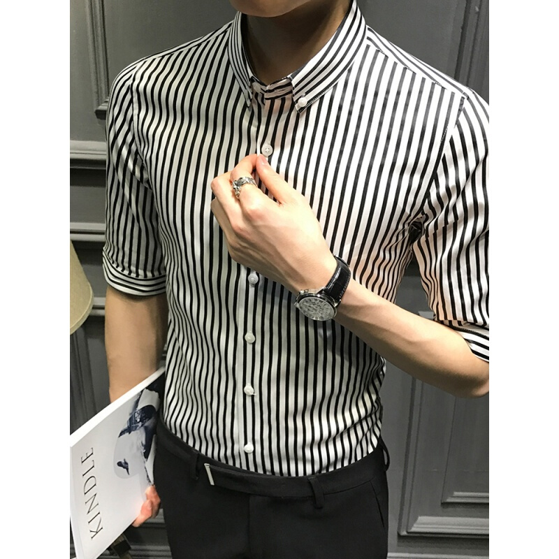 夏季帅气条纹五分袖衬衫男韩版修身中袖寸衣休闲短袖衬衣潮流黑色