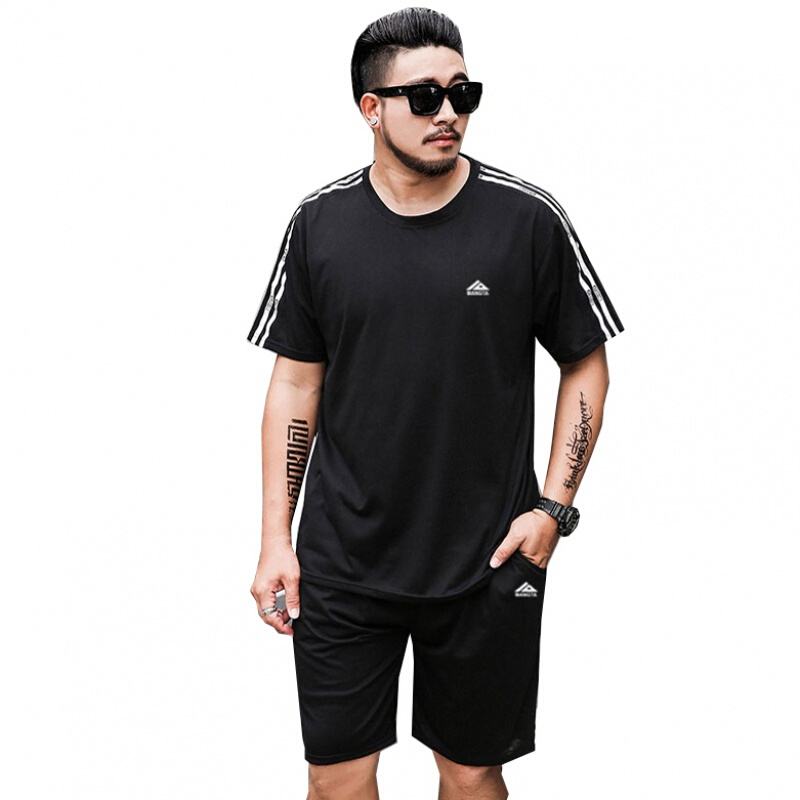 夏季男士休闲运动套装潮胖宽松大码肥佬短袖T恤特大号健身两件套