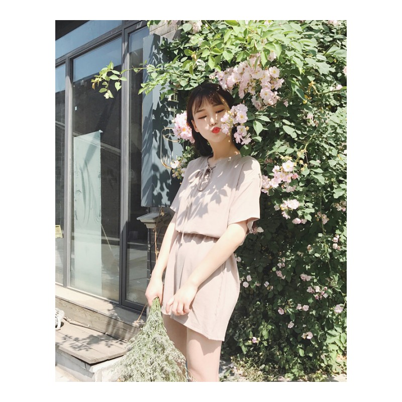 春夏女装韩版宽松V领绑带收腰阔腿裤高腰连体裤短裤休闲裤潮黑色均码