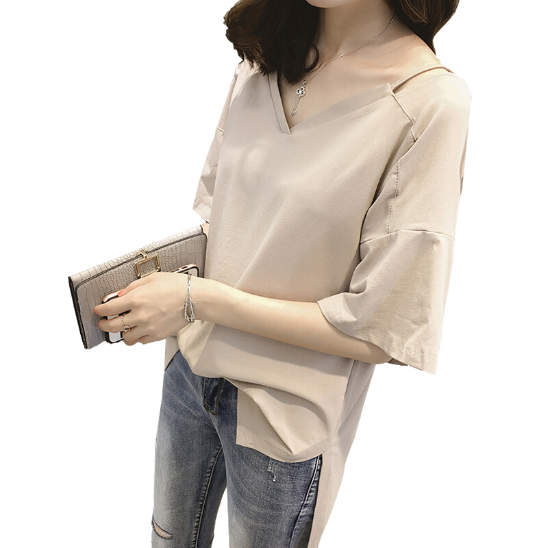 2018夏季新款短袖T恤女韩版宽松大码带露肩中长款上衣潮