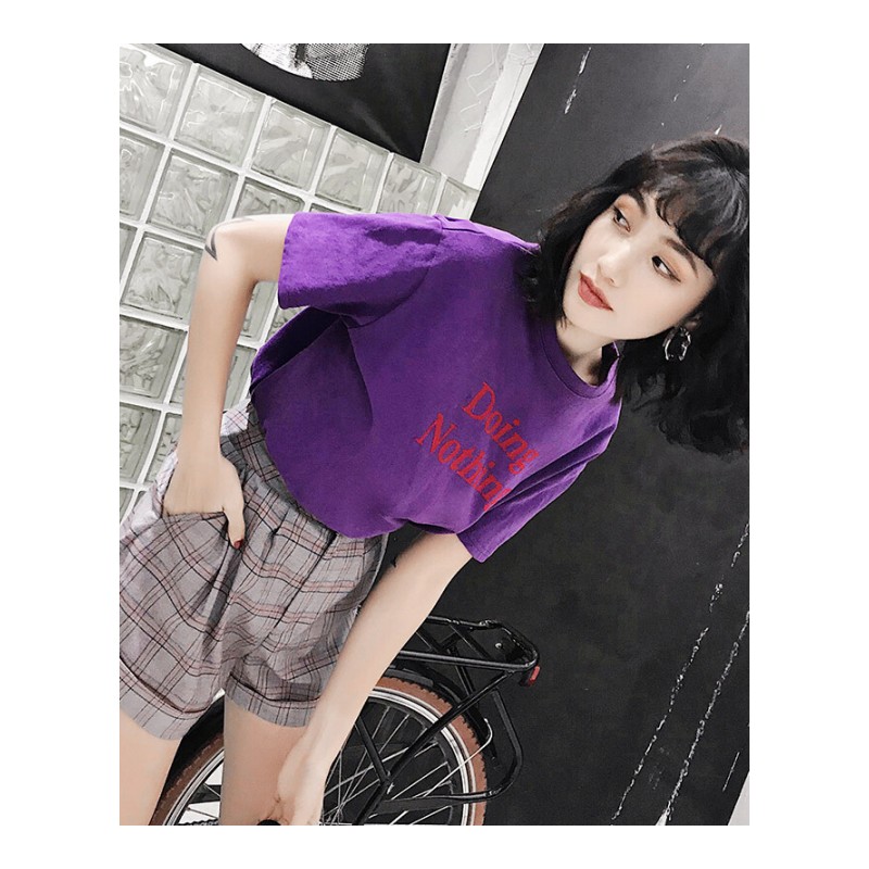 印花T恤女短袖夏季2018新款韩版宽松学生字母上衣白色均码