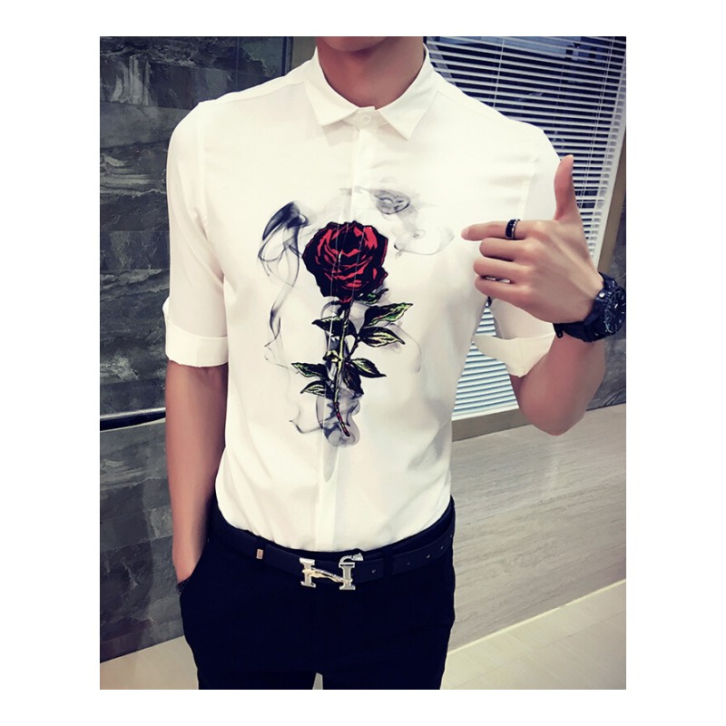 夏季潮流男士个性印花短袖衬衫韩版修身型师时尚花色中袖衬衣潮白色CS28-长袖