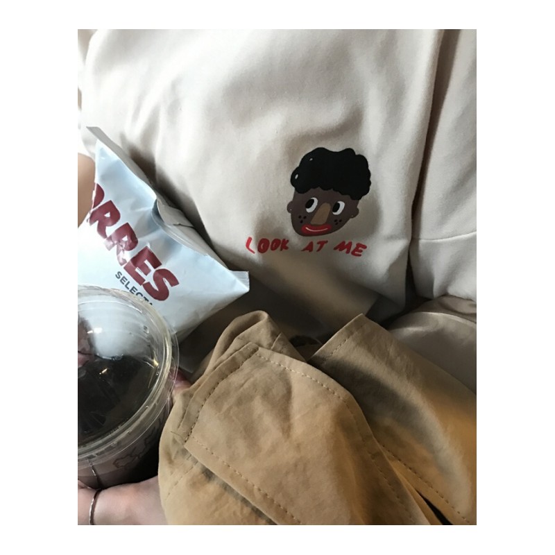 2018春夏新款卡通字母印花圆领宽松短袖女tee韩版学生T恤米色均码