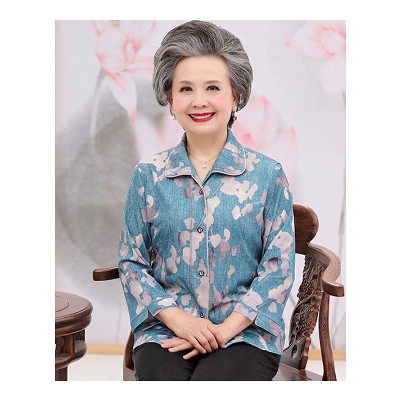 妈妈装春季衬衫中老年人女装上衣大码60-70岁奶奶夏装长袖衬衣薄