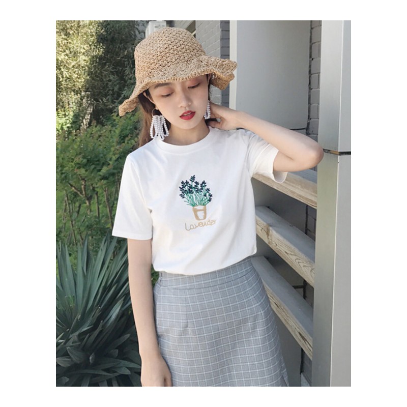 2018简约夏季新款韩版chic刺绣字母短袖T恤休闲学生上衣女潮白色均码
