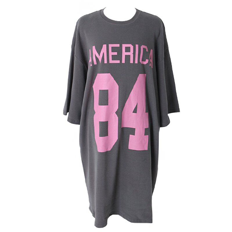 2018韩版夏装数字印花学生灰色体恤大码宽松长款短袖T恤裙女深灰色