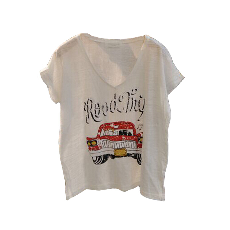 韩国2018新款春夏季V领韩版短袖T恤女宽松竹节棉印花上衣潮