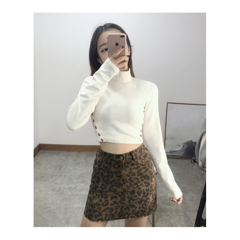 秋季高腰短款性感露脐纯色高领长袖T恤女紧身弹力露肚脐修身上衣