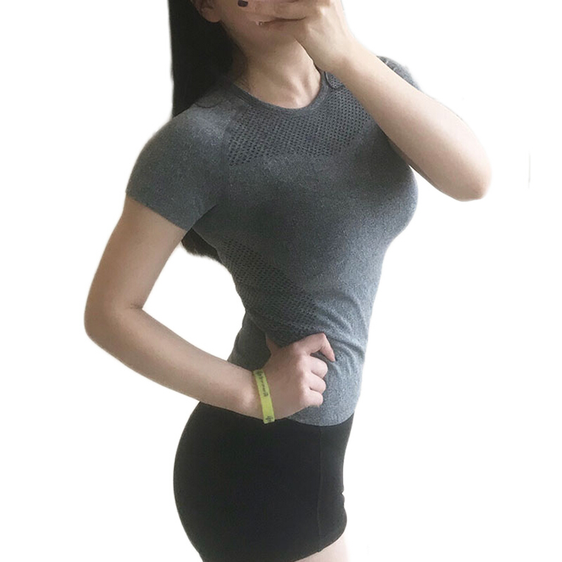 性感镂空透气显胸健身房运动紧身衣健身短袖女运动速干T恤健身衣