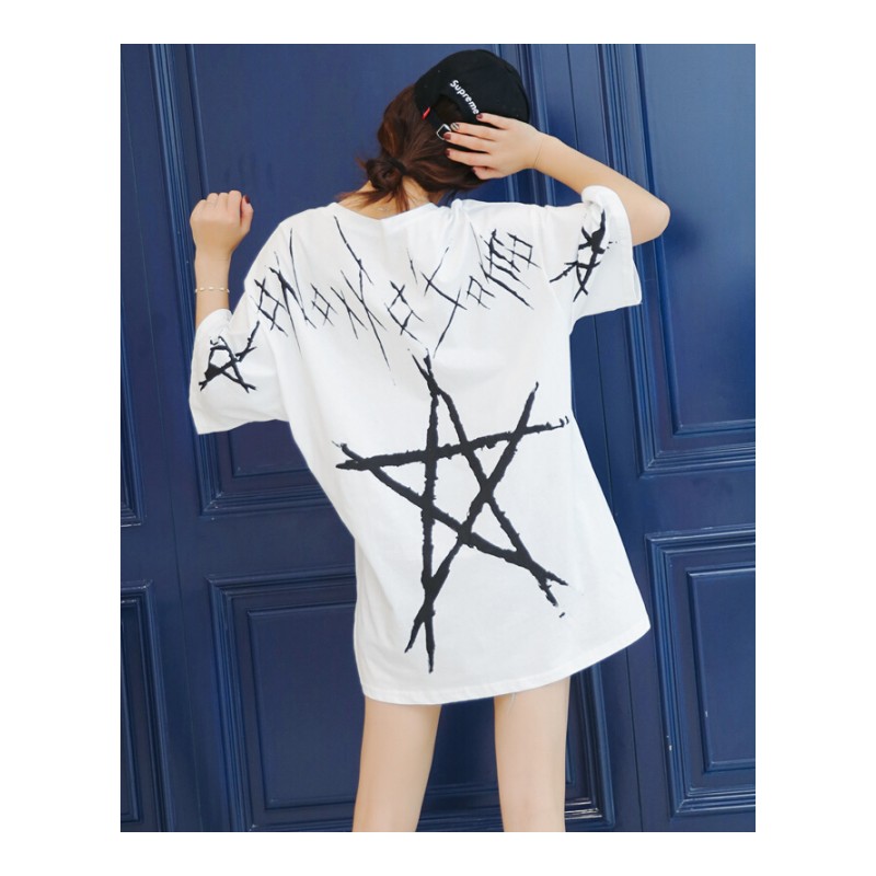 原宿短袖T恤连衣裙女2018春夏F风五角星大码宽松中长款学生潮白色均码