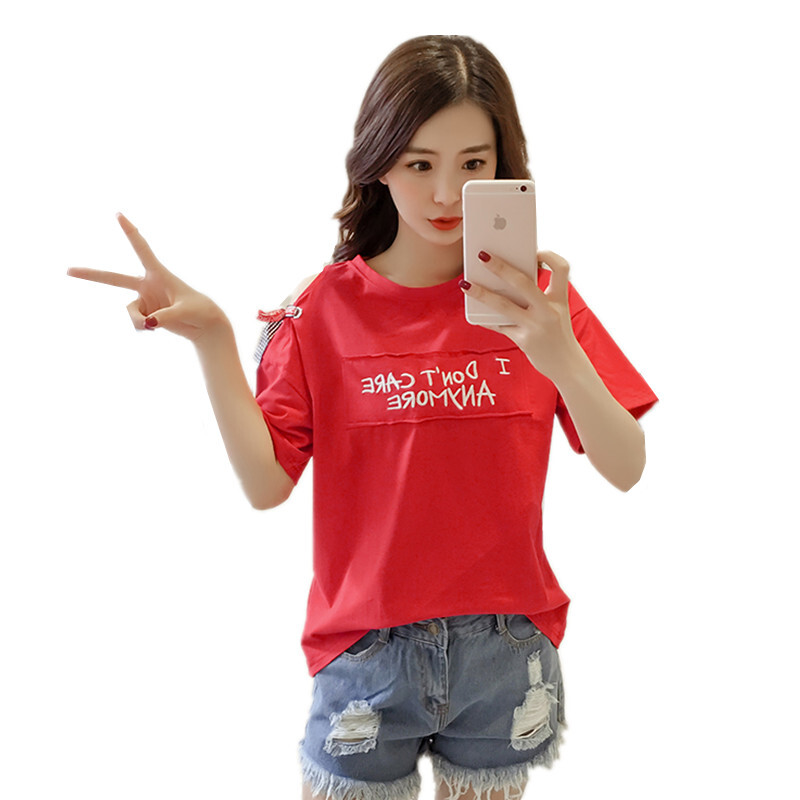 短袖T恤女夏装2018新款韩版宽松学生露肩飘带上衣bf潮流