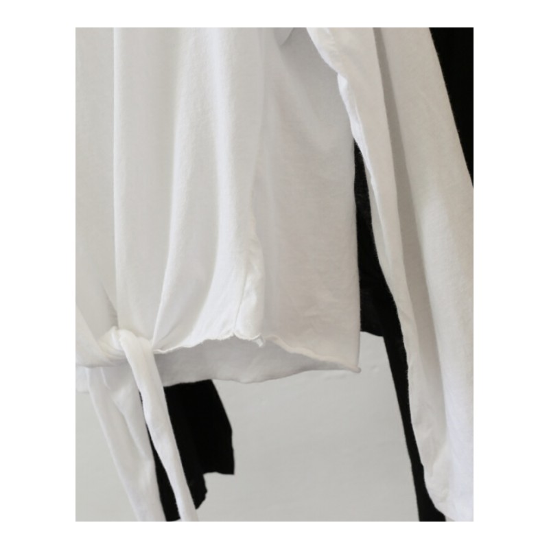 小心机一字肩宽松长袖T恤女糖果色露肩绑带防晒衫薄款微透上衣夏白色均码