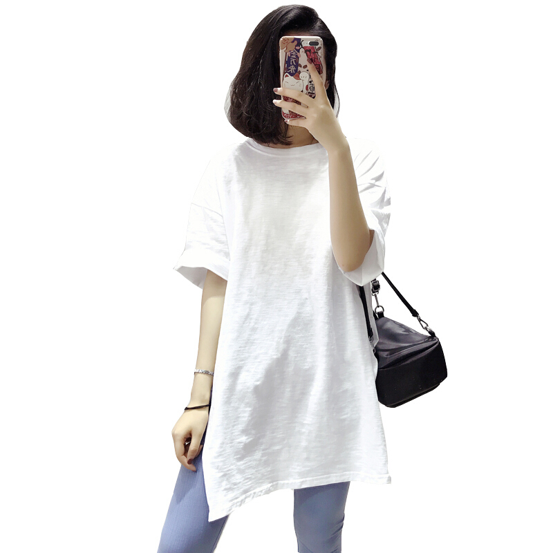 下摆开叉五分袖宽松竹节棉白T恤女2018夏装短袖中长款圆领打底衫白色五分袖均码