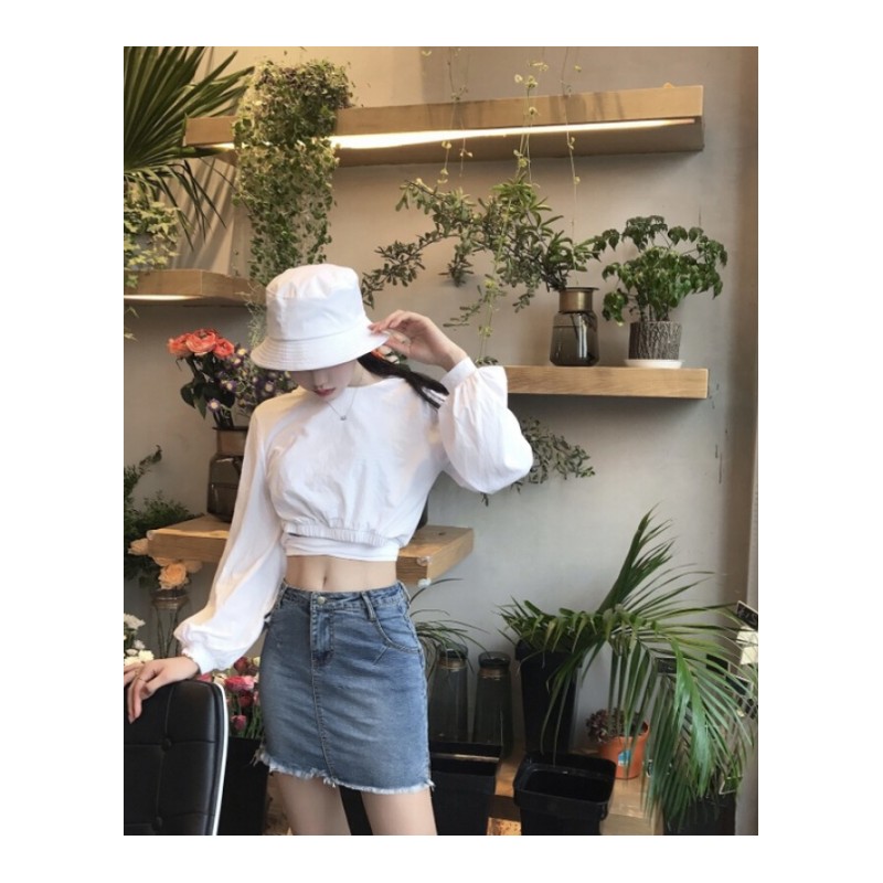 灯笼袖短款性感漏肚脐收腰绑带跳舞长袖T恤女韩舞宽松露脐上衣白色均码