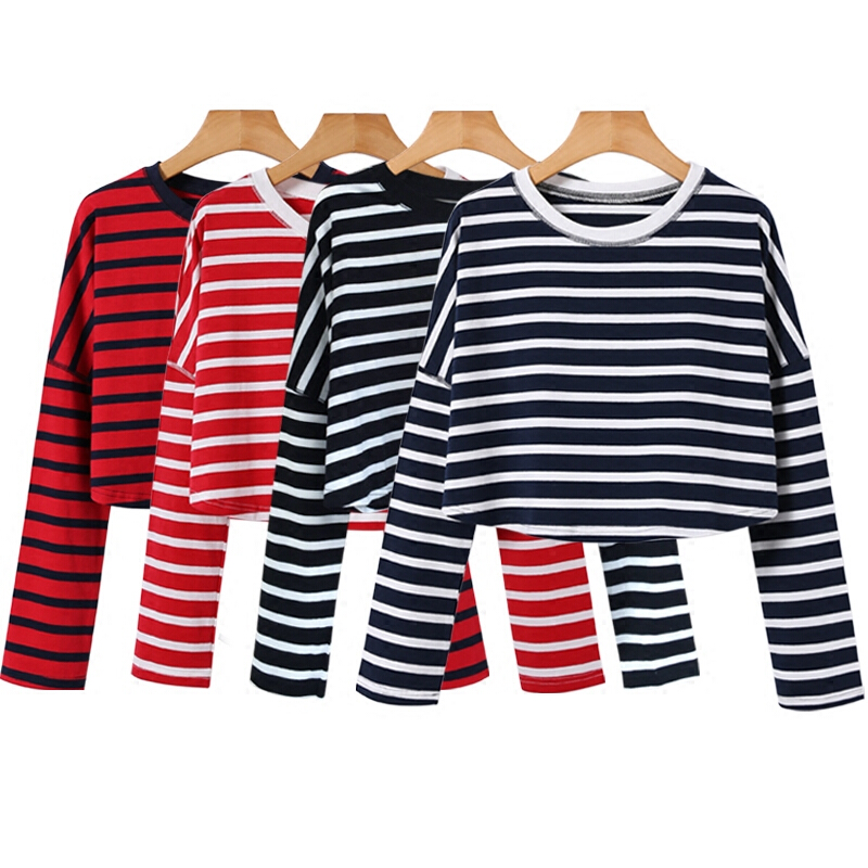 黑白条纹T恤女漏肚脐衣服短款宽松高腰长袖性感露脐上衣打底衫春