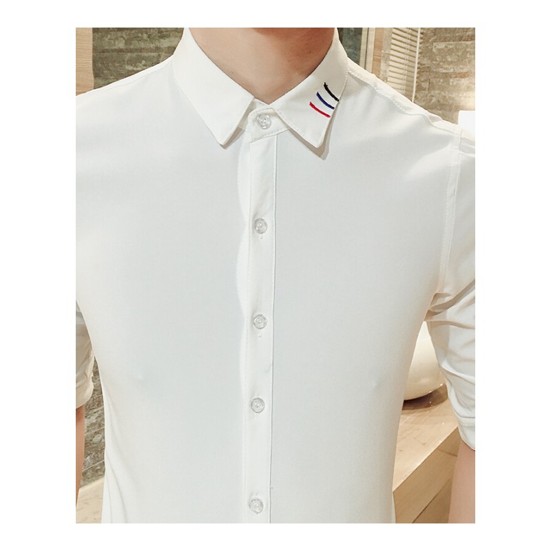 夏装男士中袖衬衣短袖修身韩版型师7七分袖帅气衬衫