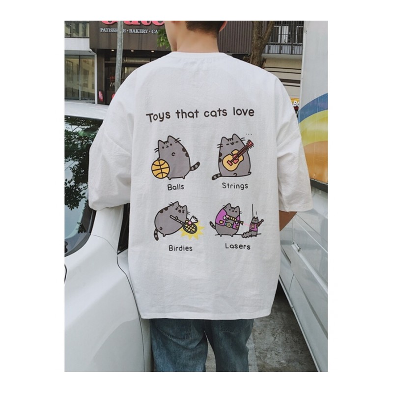 夏季新款2018男士宽松印花休闲短袖韩版潮流学生个性上衣七分T恤