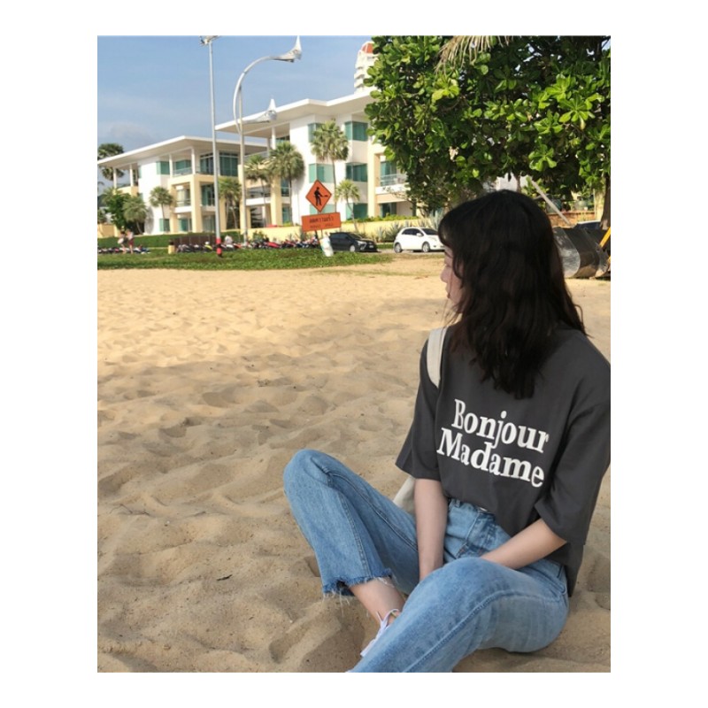 春夏2018韩版新款简约圆领字母印花短袖T恤宽松休闲上衣女潮绿色均码