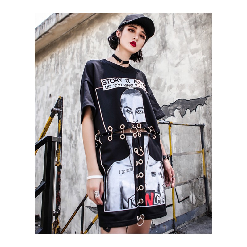 2018嘻哈女装 情侣装夏季宽松大码潮牌网红 ins火短袖T恤女jyl 黑色 均码