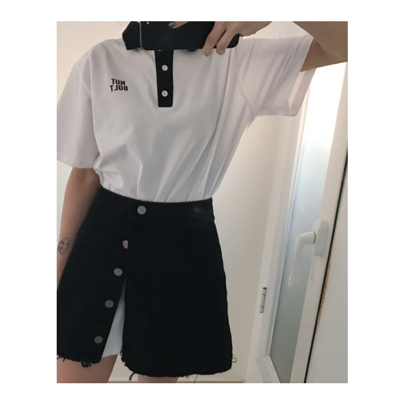 韩版时尚休闲套装春夏女装中长款Polo领短袖T恤上衣+半身裙两件套jyl白+黑