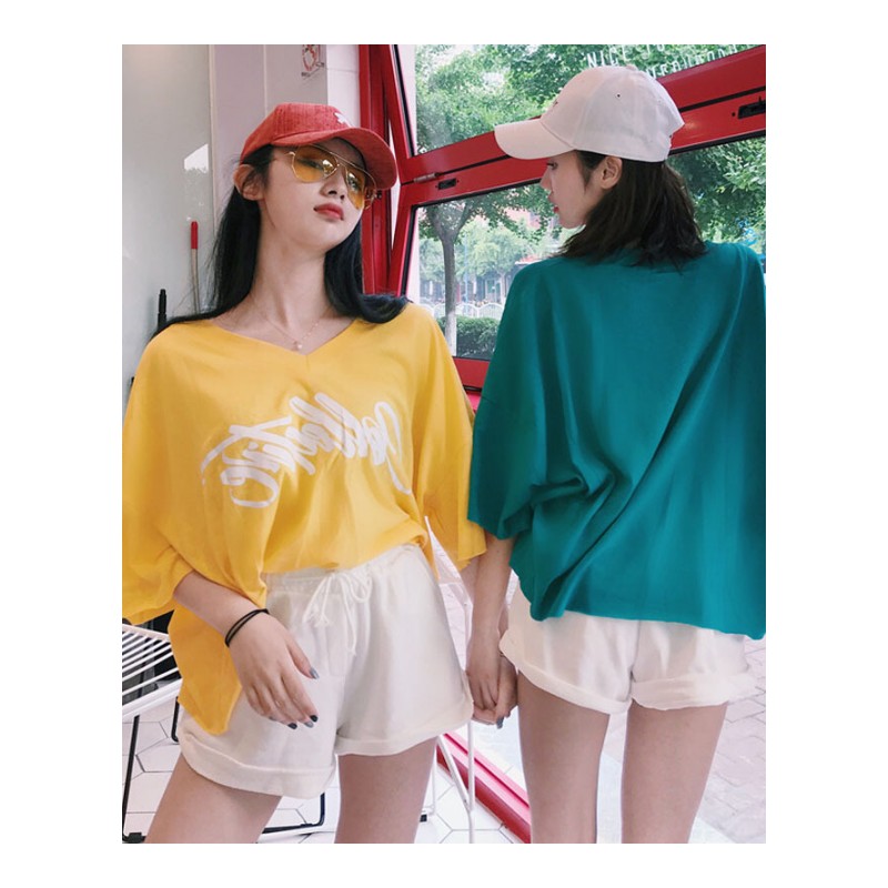 女装2018夏季港风印花V领短袖+松紧腰休闲短裤闺蜜套装两件套lm黄色均码