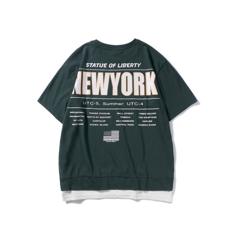 港风夏季街头潮流字母印花宽松T恤韩版个性BF风假两件短袖男lm