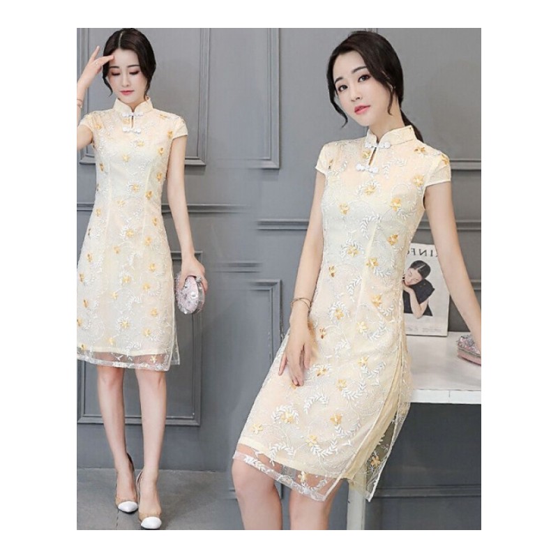 2018春夏少女改良版刺绣旗袍春款年轻修身低领气质淑女连衣裙lm杏色