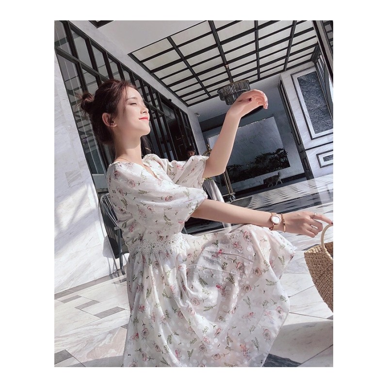雪纺连衣裙女2018春夏装韩版火ins碎花少女sukol裙子夏潮lm白底粉色花