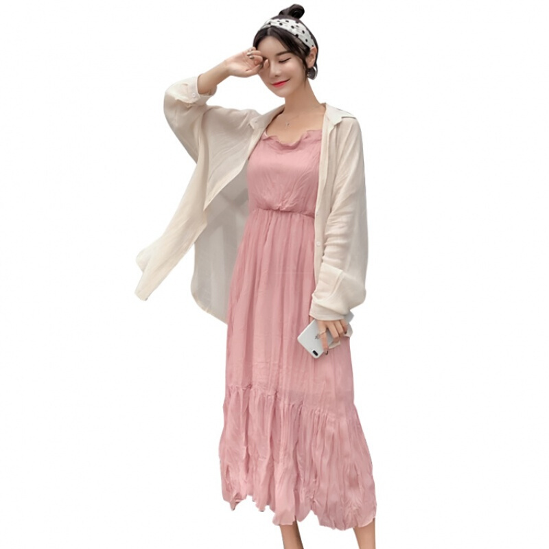 2018韩版孕妇装夏季雪纺带+衬衣外搭两件套百皱长裙连衣裙lm